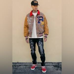 🔥 NWT FIRST ROW GLENCHECK LETTERMAN VARSITY retro plaid JACKET size small